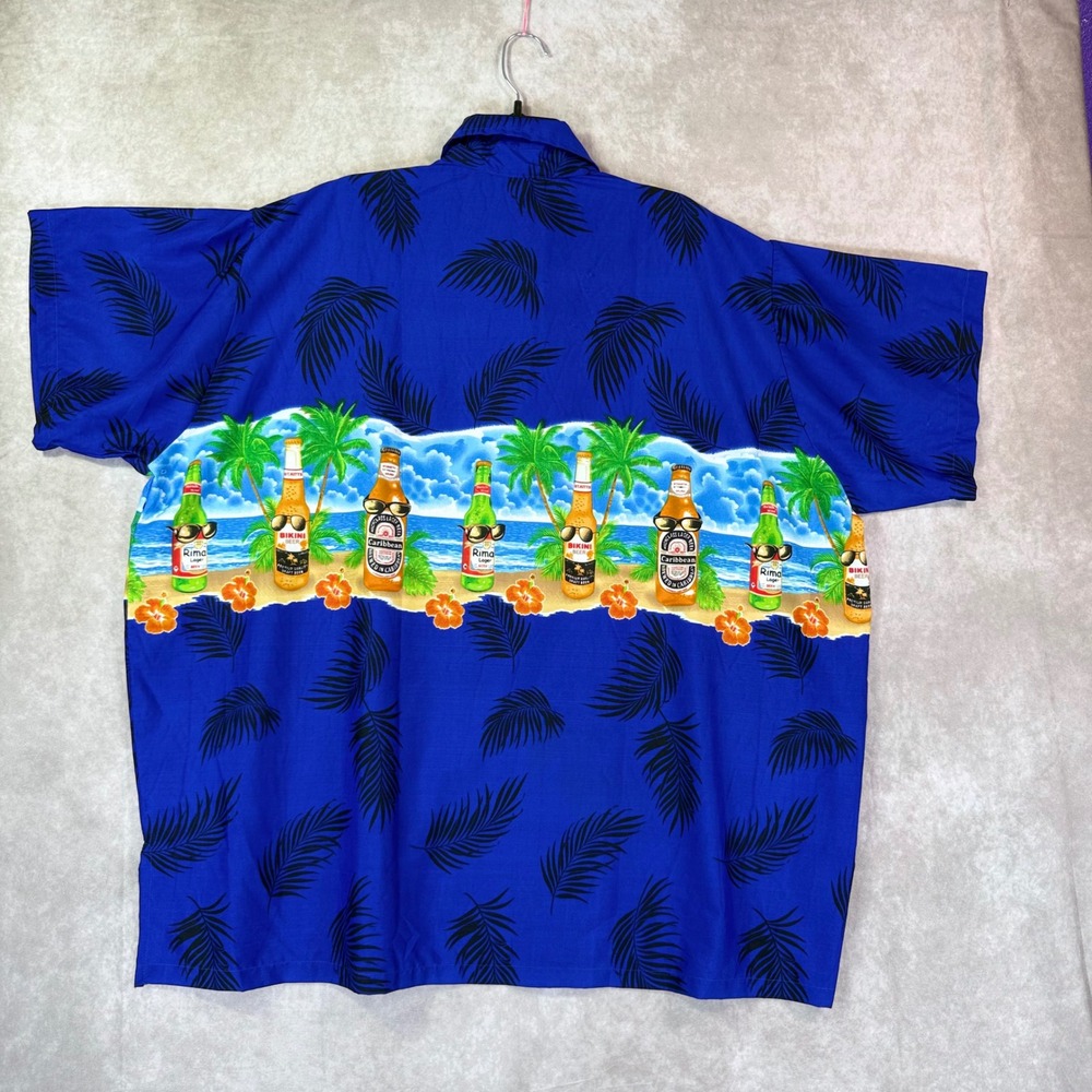 Rima Shirt Men XXL Blue Tropical Beer Palm Graphic Button Party Aloha Caribbean - Picture 2 of 7